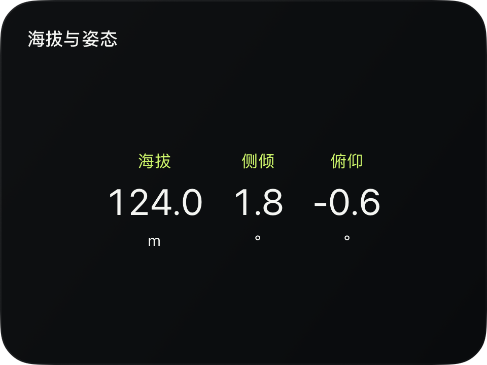 海拔与姿态的 iOS 原生截图，深色模式