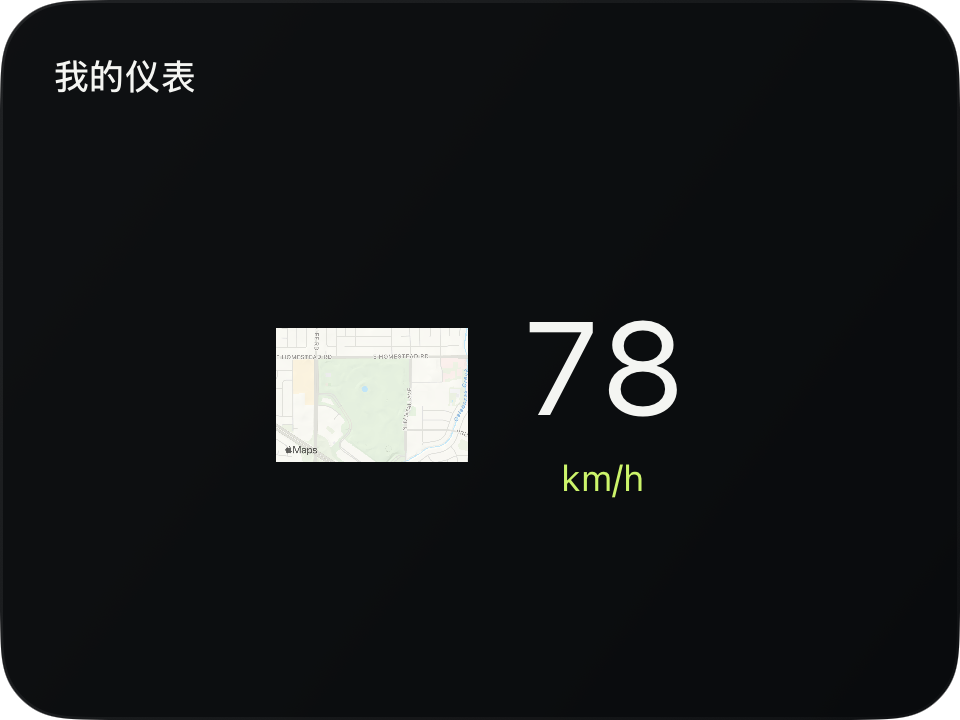 带有素材徽章和速度读数的卡片示意,深色模式
